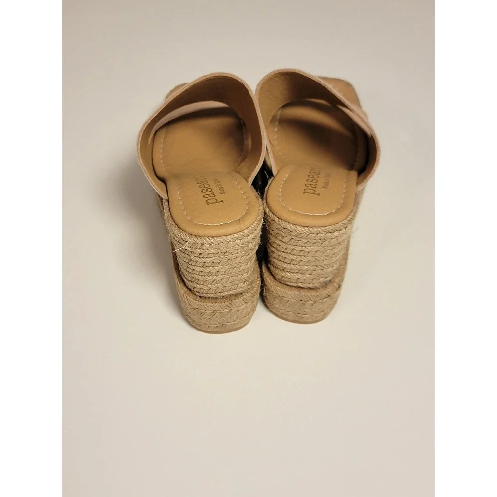 Paseart Made in Spain Nude Leather Espadrille Wedge Sandals Square Toe Slides